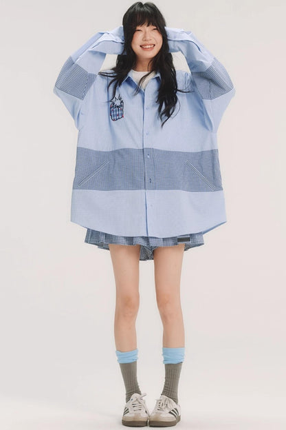 Blue Check Stitch Applique Shirt