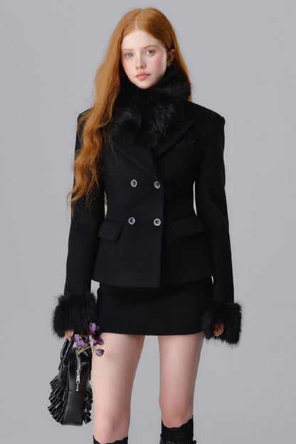 Fur Collar Blazer & Skirt Set-Up