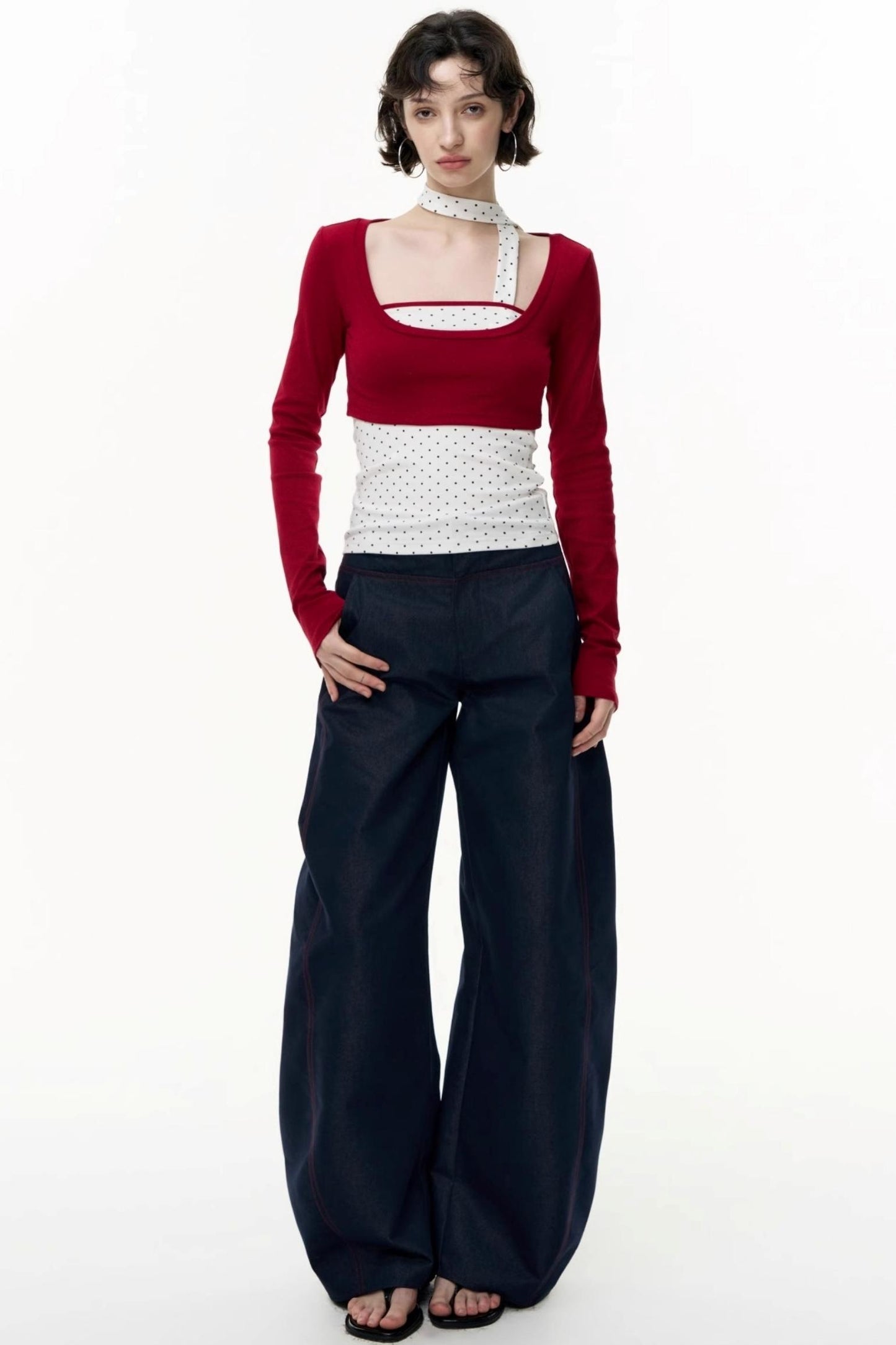 Contrast Long-Sleeved Top With Bandeau Set