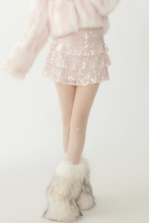 Glittery Pink Ruffle Mini Skirt