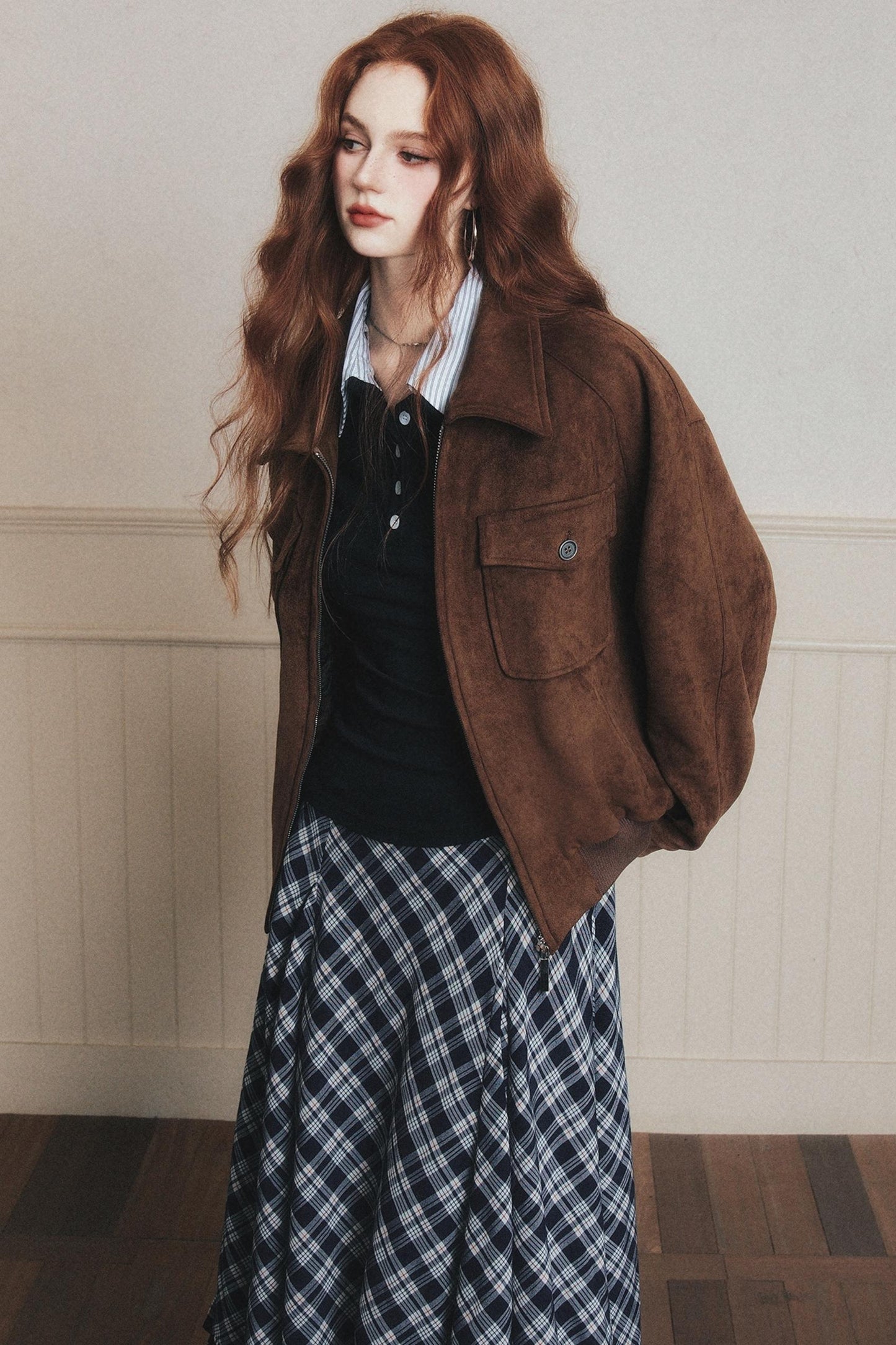 Navy Blue Check A-Line Swing Skirt