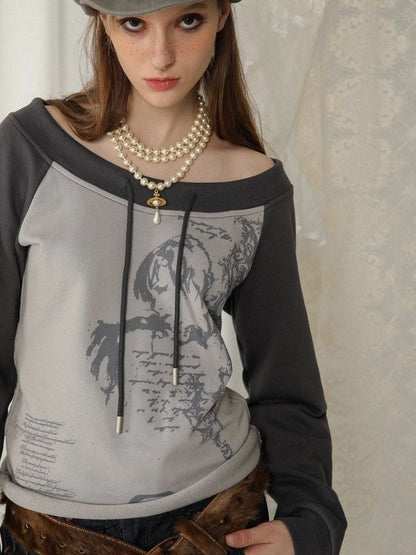 One-Shoulder Strapless Printed Long Sleeve Sweatshirt