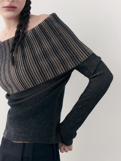 One-shoulder lapel knit sweater