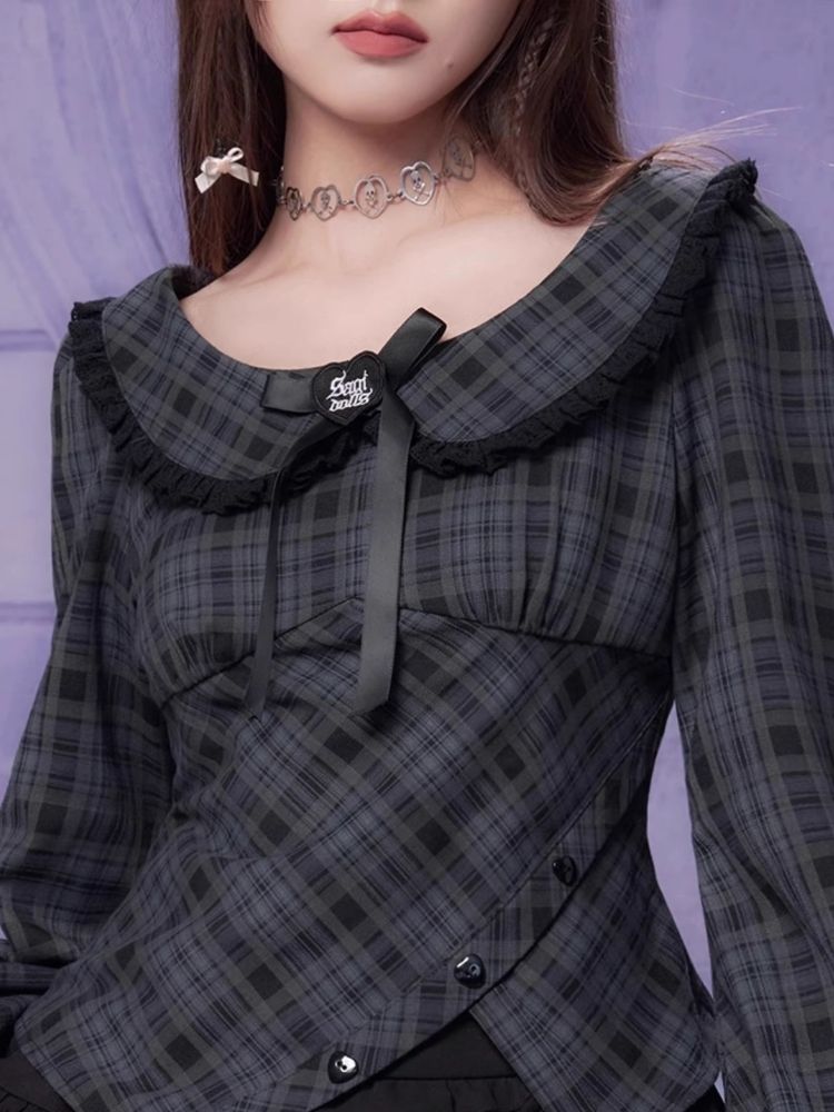 Sweet Cool Doll Neck Long Sleeve Plaid Top Shirt