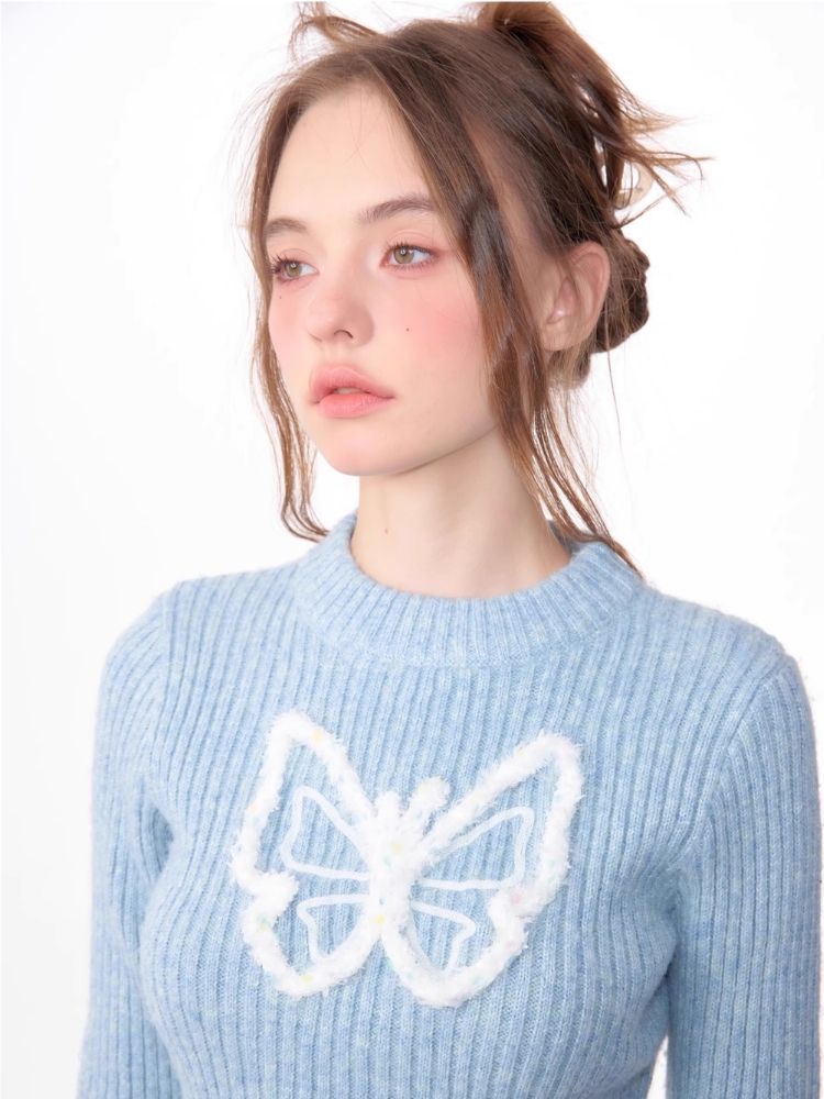 Butterfly Embroidery Long Sleeve Sweater