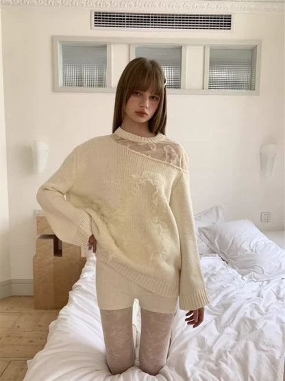 Butterfly Stereoscopic Lace Stitching Off Shoulder Sweater