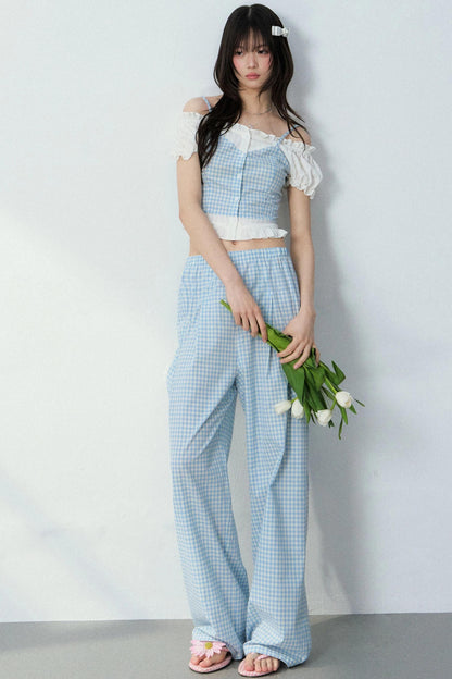 Blue Plaid Off-Shoulder Top Set-Up