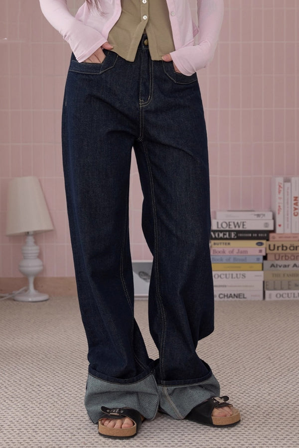 Retro Fashionable Sweet Cuffed Wide-leg Jeans