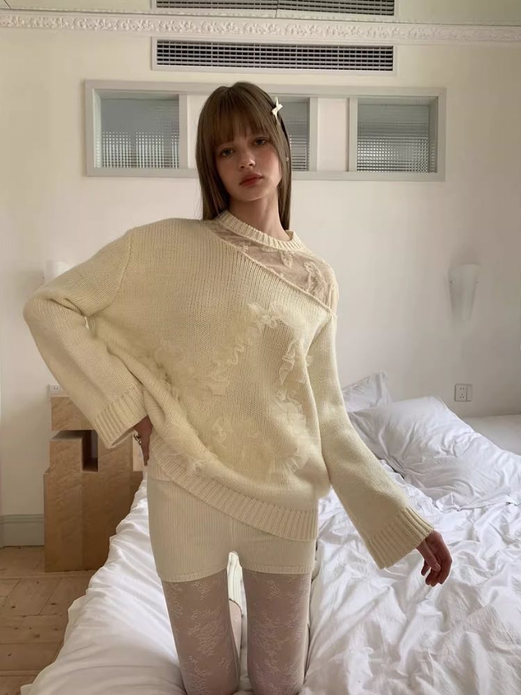 Butterfly Stereoscopic Lace Stitching Off Shoulder Sweater