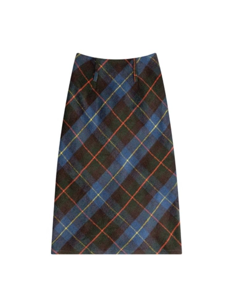 High-waisted thin a-line plaid half-body skirt