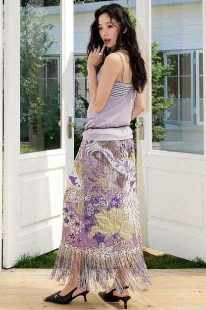 Pleated Satin Floral Skirt