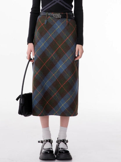 High-waisted thin a-line plaid half-body skirt