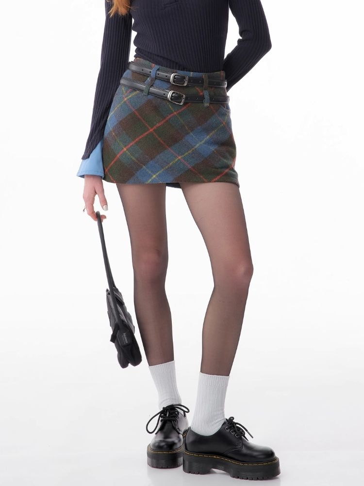 High-waisted thin a-line plaid half-body skirt