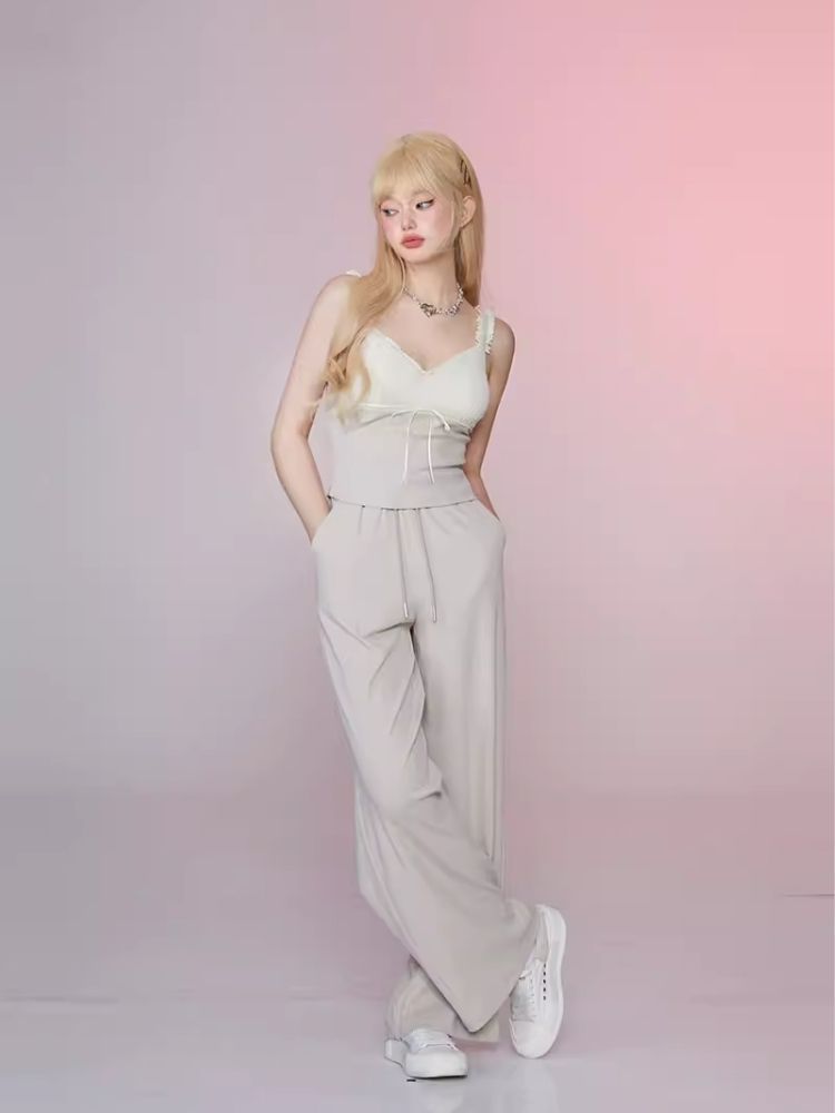 Dressy Beige Gray Lace Camisole Top Casual Pants Set