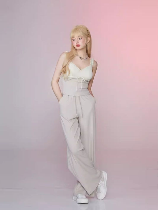 Dressy Beige Gray Lace Camisole Top Casual Pants Set