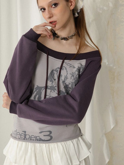 One-Shoulder Strapless Printed Long Sleeve Sweatshirt