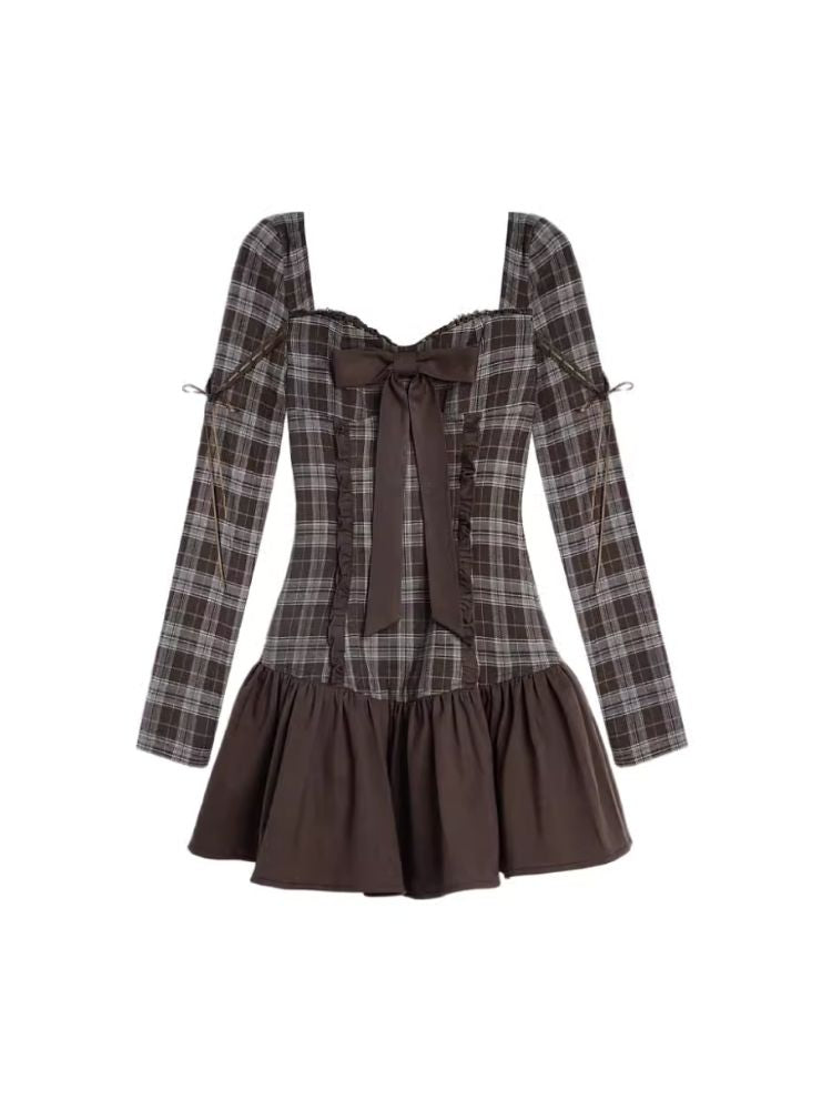 Brown Plaid Bow Long Sleeve Dress