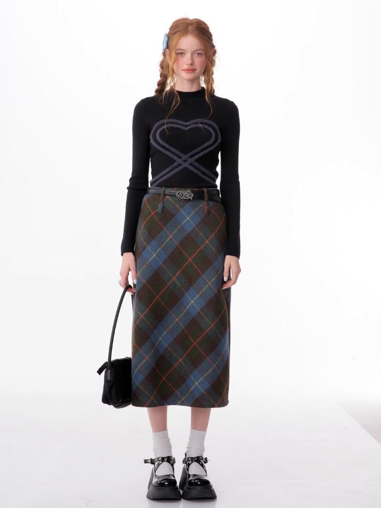 High-waisted thin a-line plaid half-body skirt