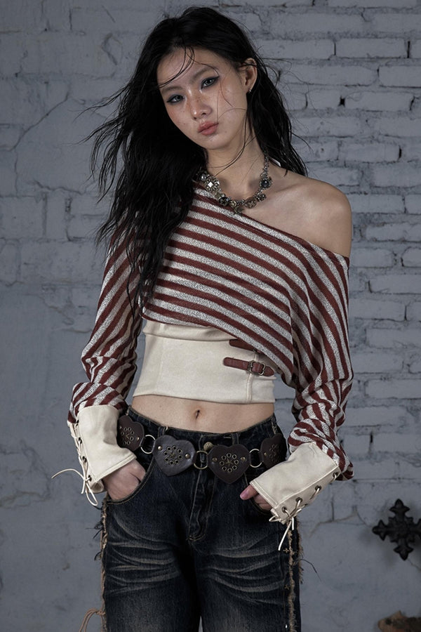 Vintage Asymmetrical Striped Crop Top
