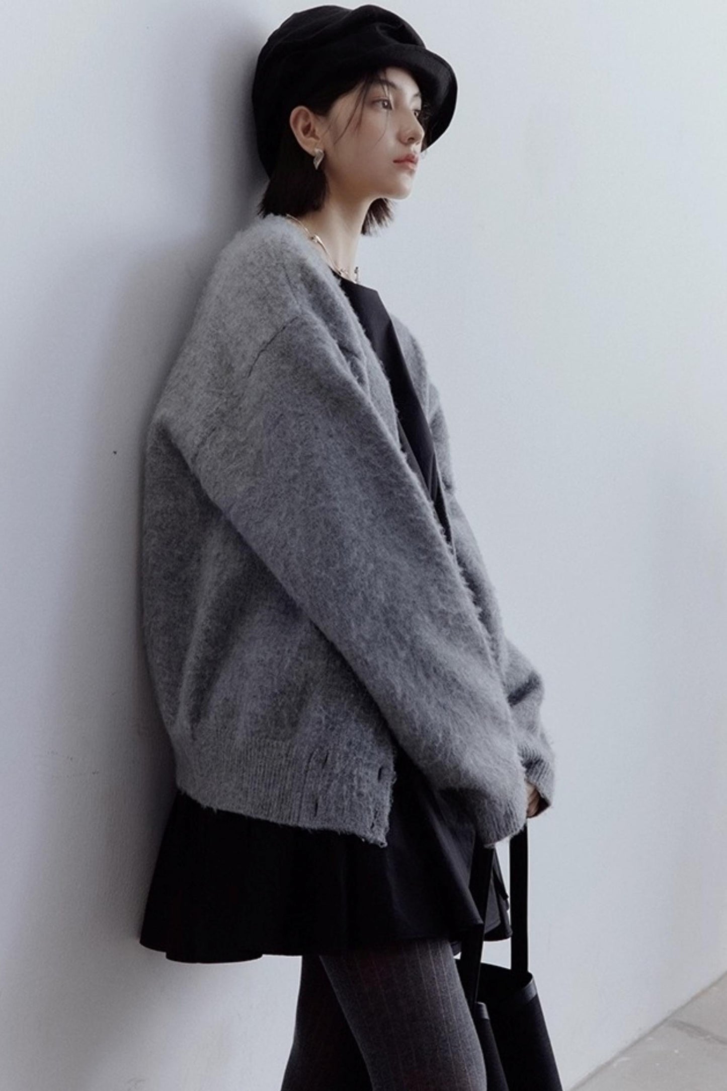 Misty Gray V-Neck Mohair Cardigan Coat