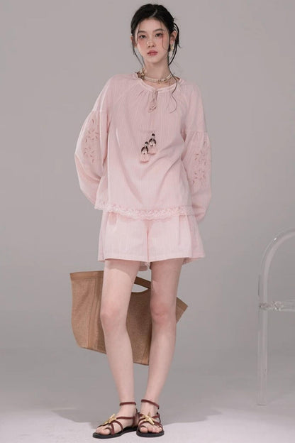Cloud Peach Embroidered Striped Shirt Set-Up