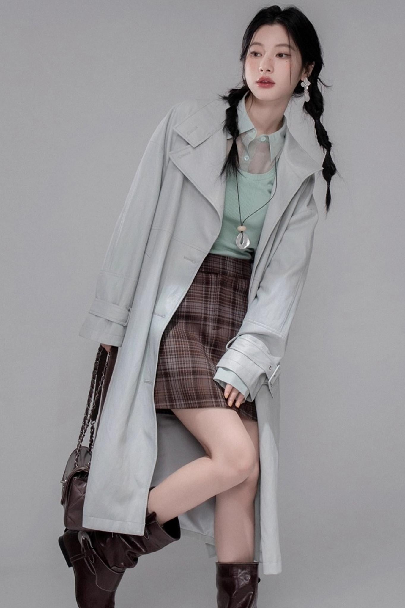 British Style Brushed Plaid With Belted Skirt