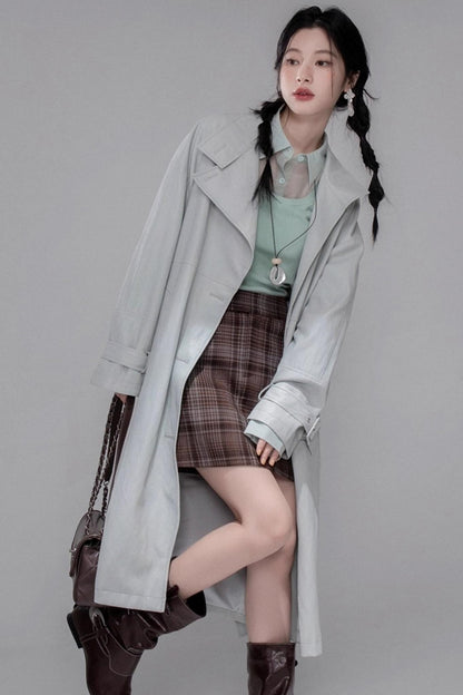 British Style Brushed Plaid With Belted Skirt