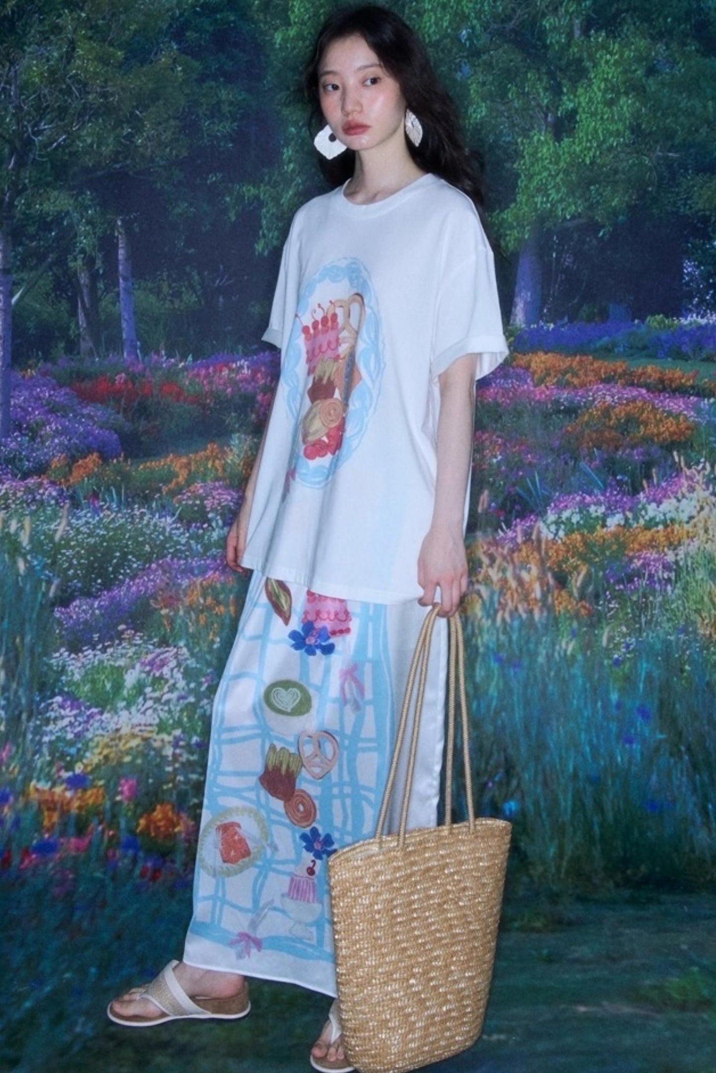 Bread Print Plaid Satin Slip Dress Set-Up