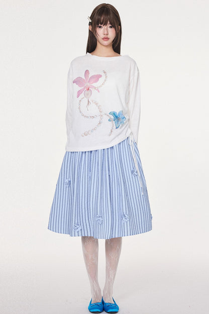 Blue Striped Flower Silhouette Skirt