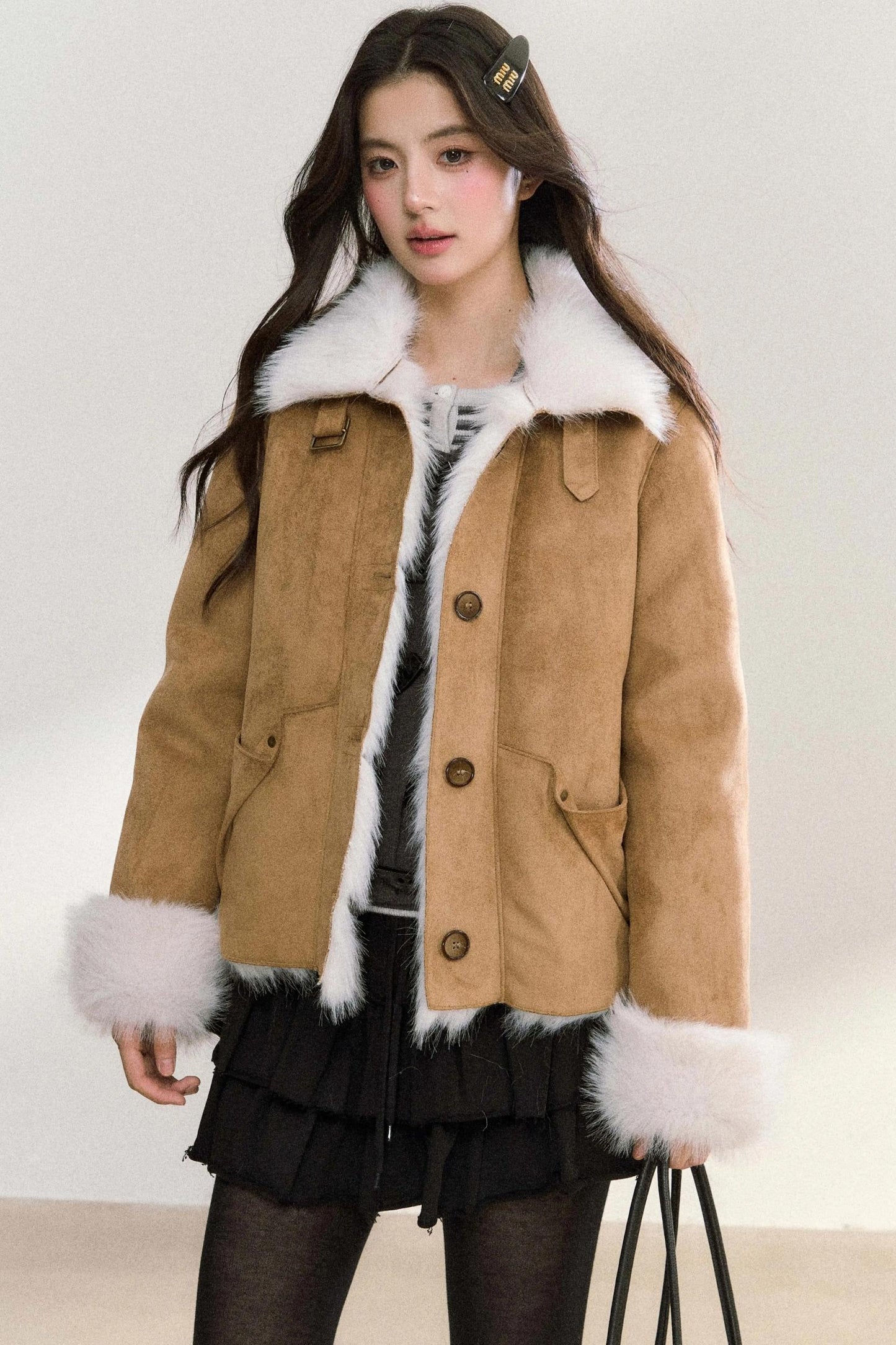 Suede Rivet Fur Collar Lapel Jacket