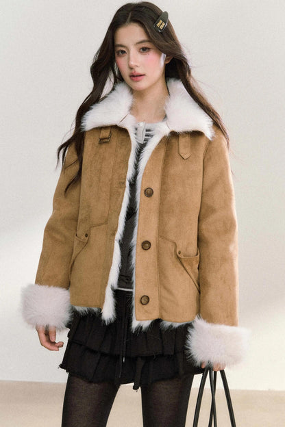 Suede Rivet Fur Collar Lapel Jacket