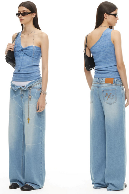 Wide-Leg Diamond Chain Jeans