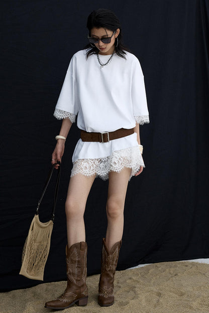 Patchwork Lace Crew Neck Long Top