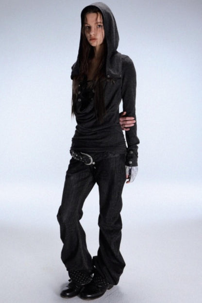 Hooded Metal Buckle Knit Top