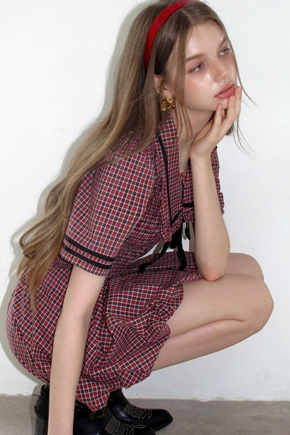 Plaid V-neck Bow Bubble A-Line Bud Dress