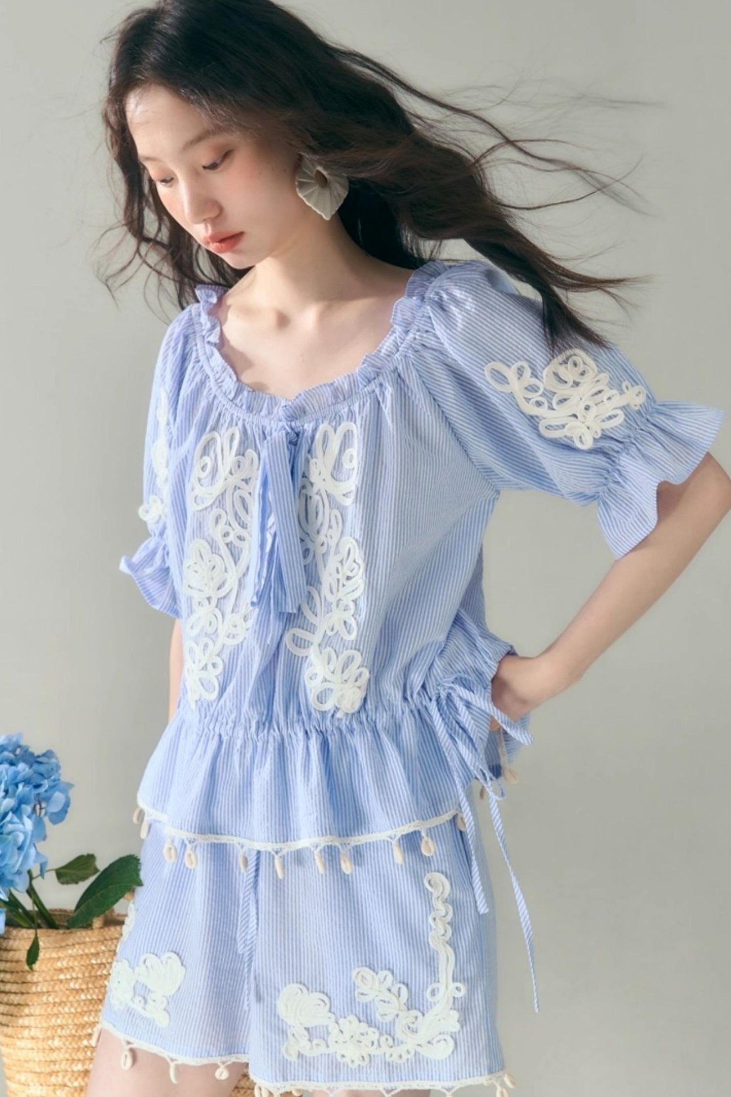 Island Flower Vine Striped Short Sleeve Top Shorts Set-Up