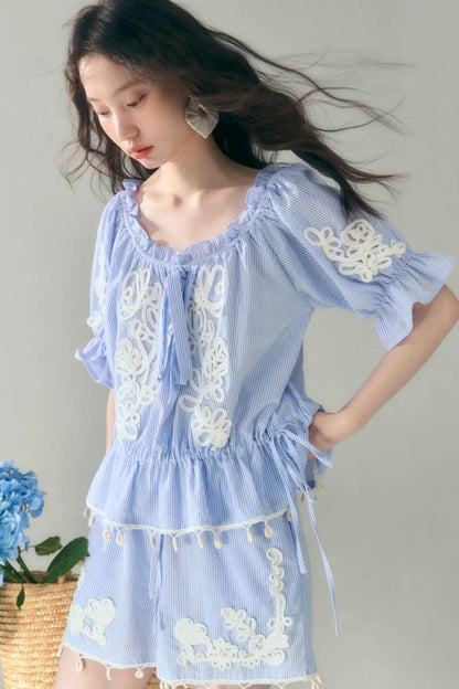 Island Flower Vine Striped Short Sleeve Top Shorts Set-Up