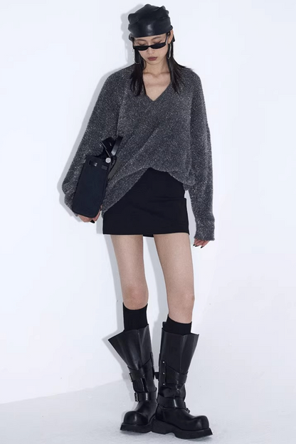 Silberner Faden V-Ausschnitt Strickpullover