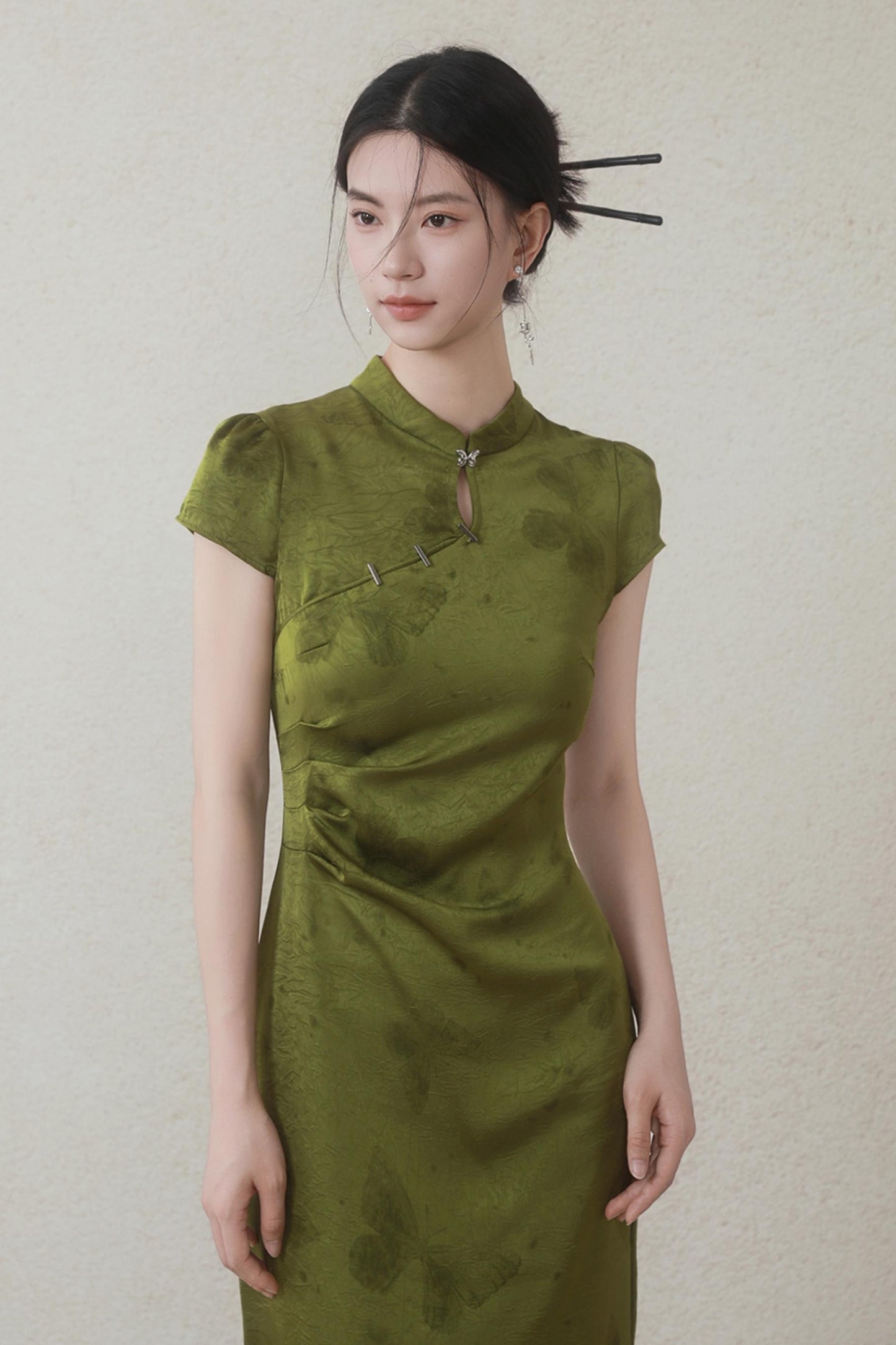 Summer Green Satin Cheongsam Dress