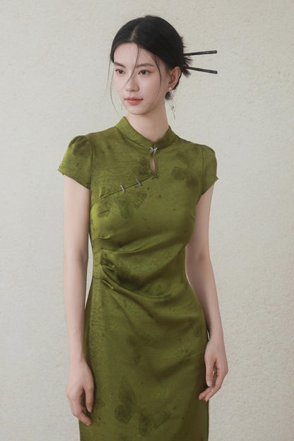 Summer Green Satin Cheongsam Dress