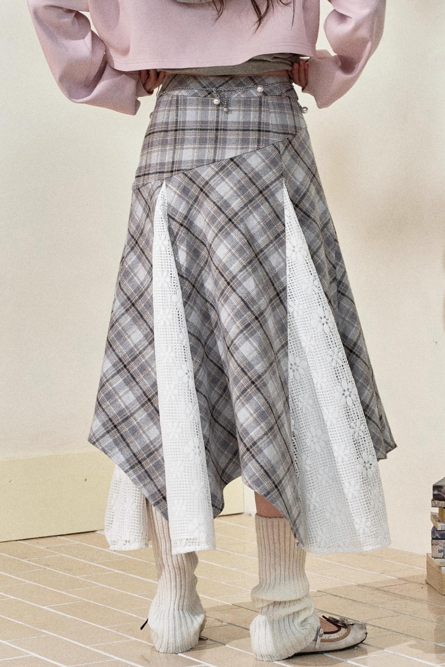 Gray-Brown Two-Tone Plaid Irregular Skirt