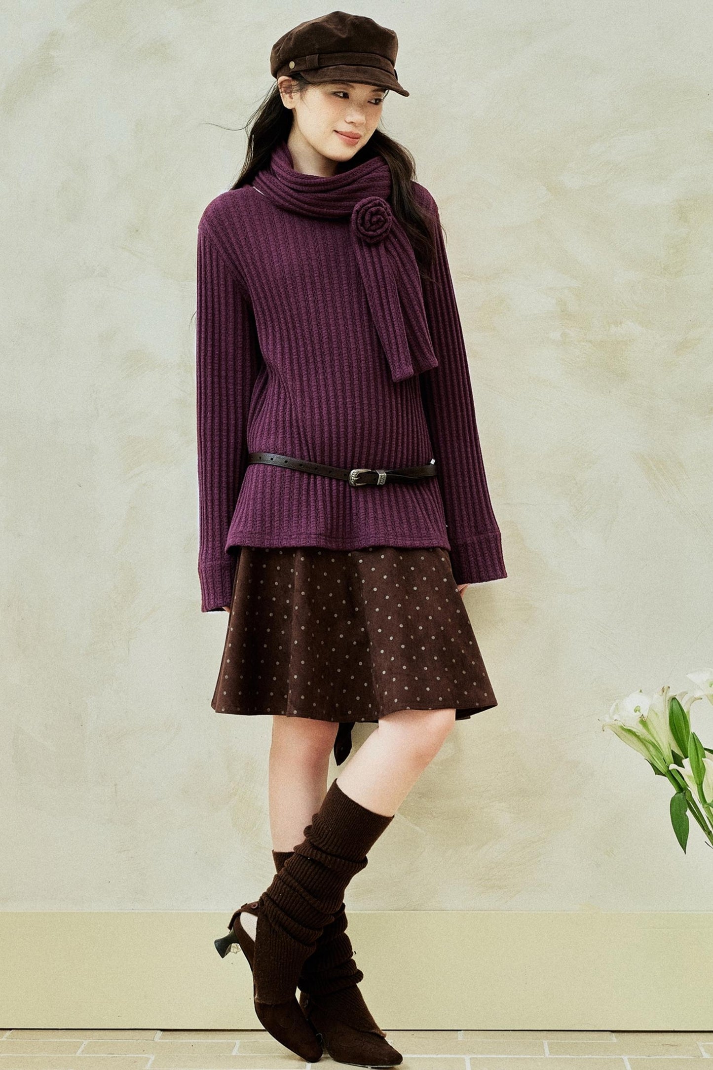 Purple Strip Knit Gray Woolen Jacket Set-Up