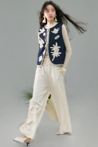 Three-Dimensional Calla Lily Linen Blend Wide-Leg Pants