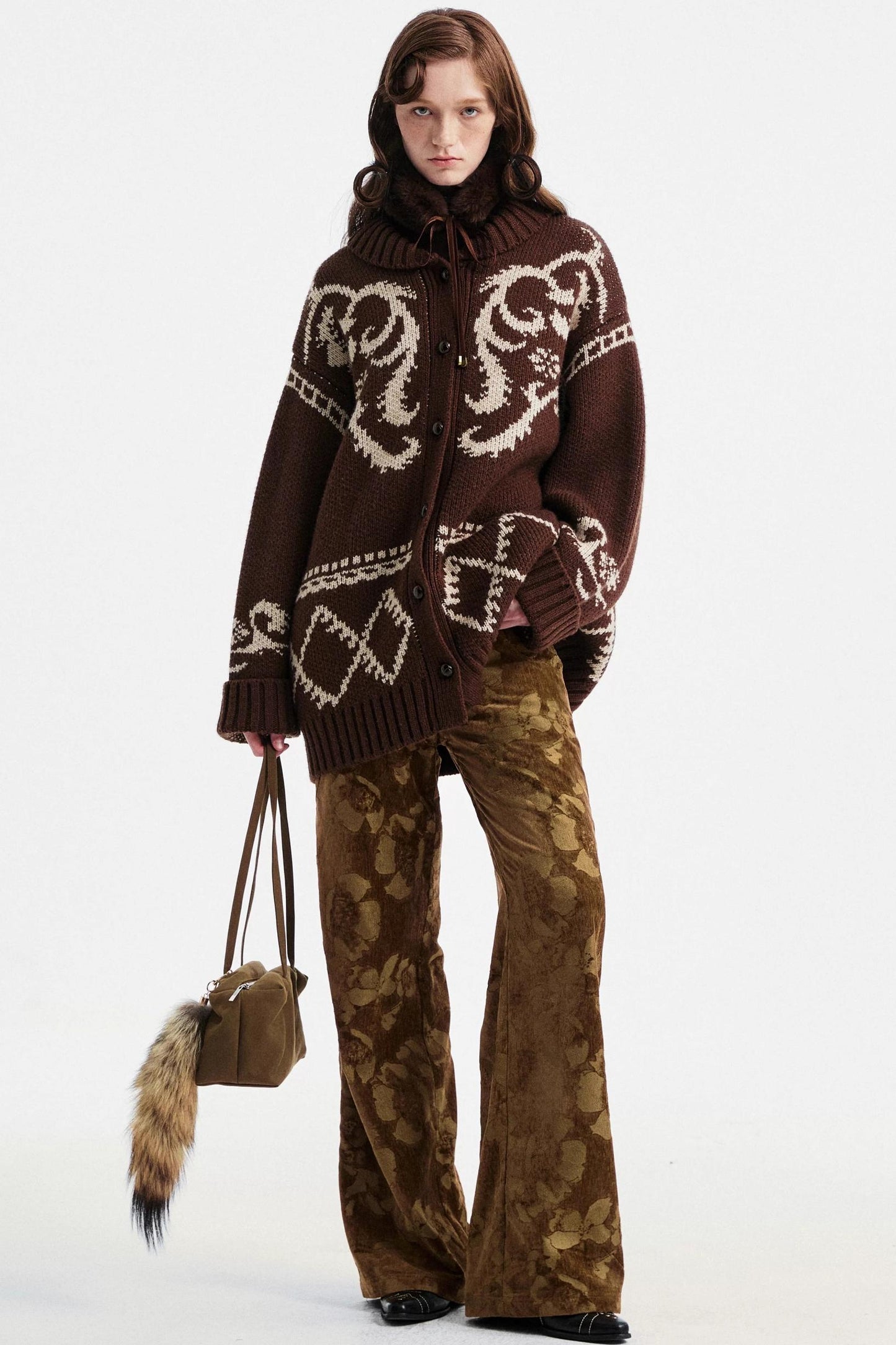 Brown Floral Jacquard Pants