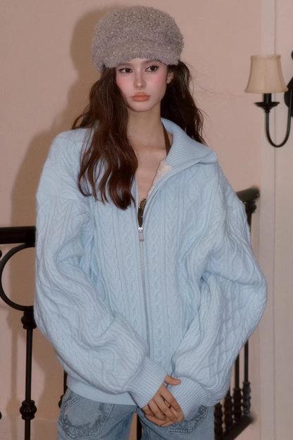 Cable Knit Fleece Sweater Jacket