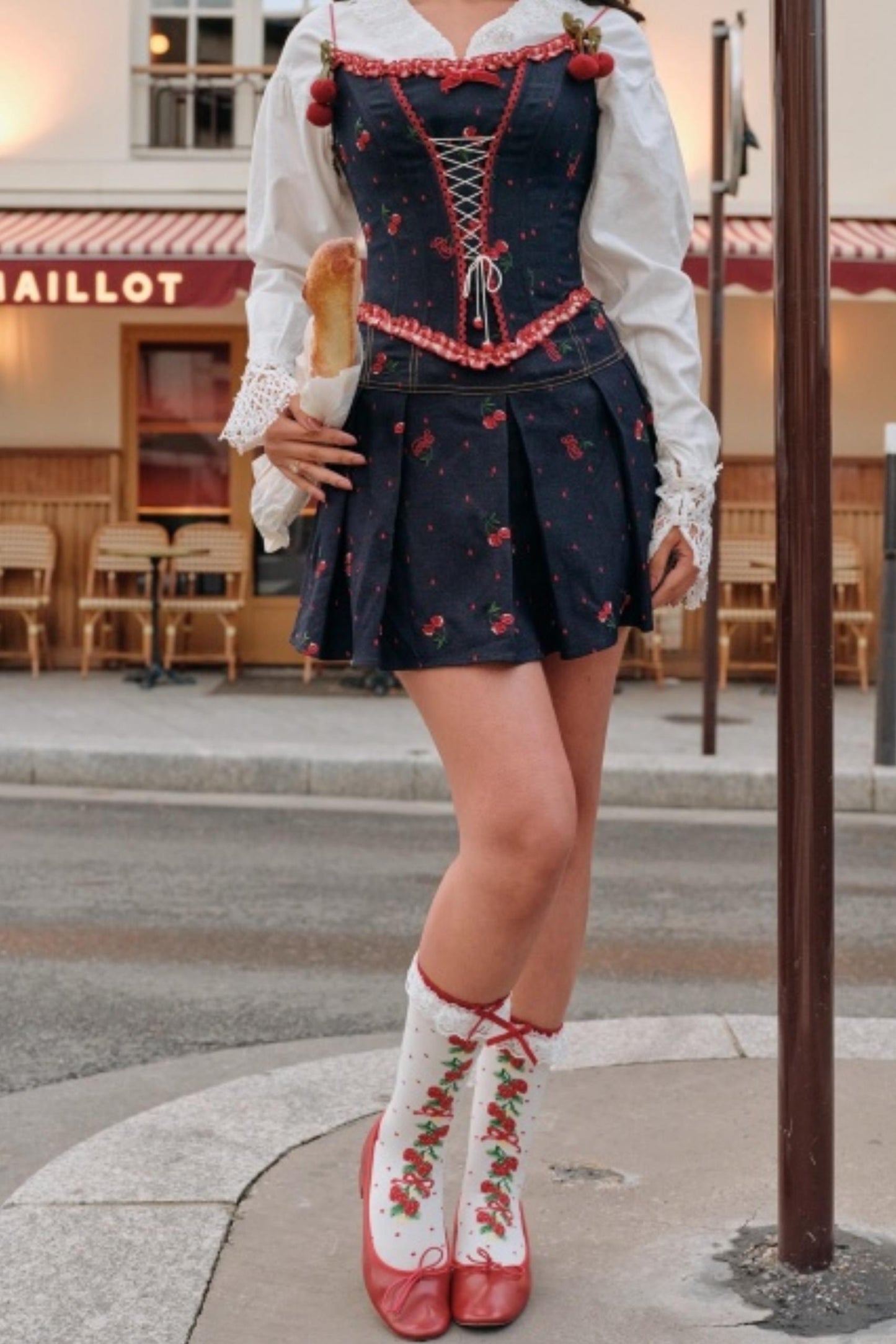 Cherry Embroidery Denim Skirt Set-Up