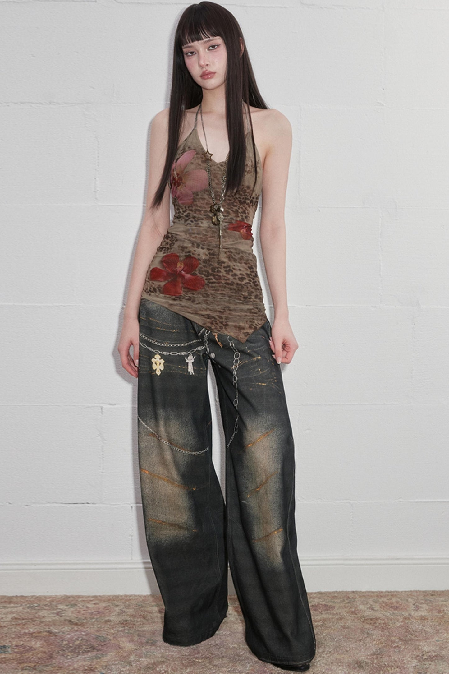 Padded Slim Strap Neck Print Top