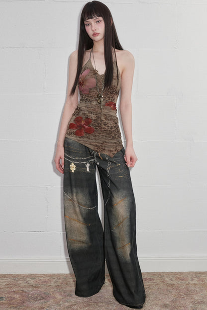 Padded Slim Strap Neck Print Top