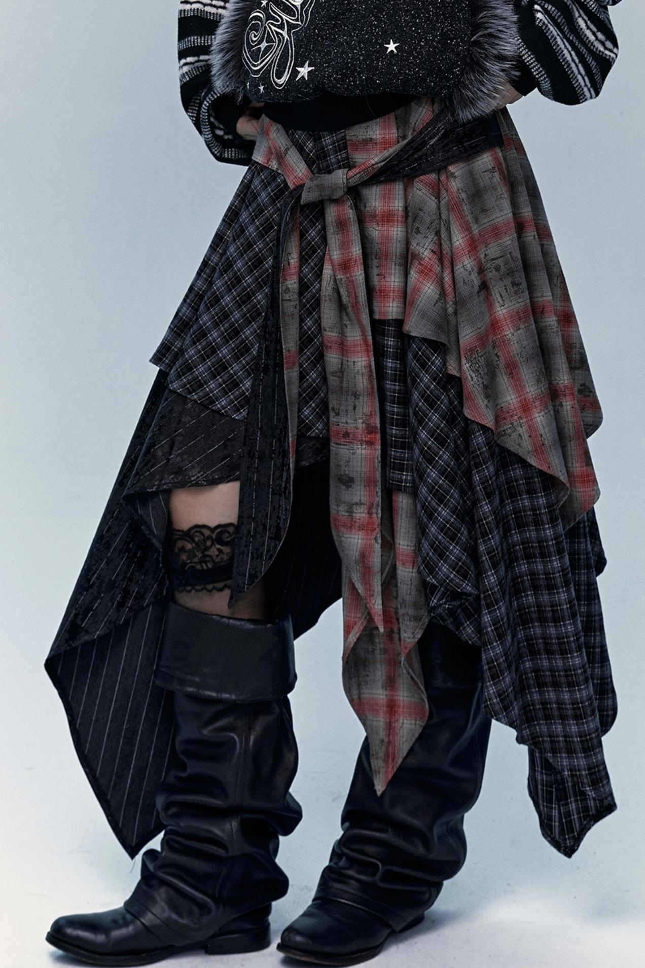 Multi-Layer Check Long Skirt