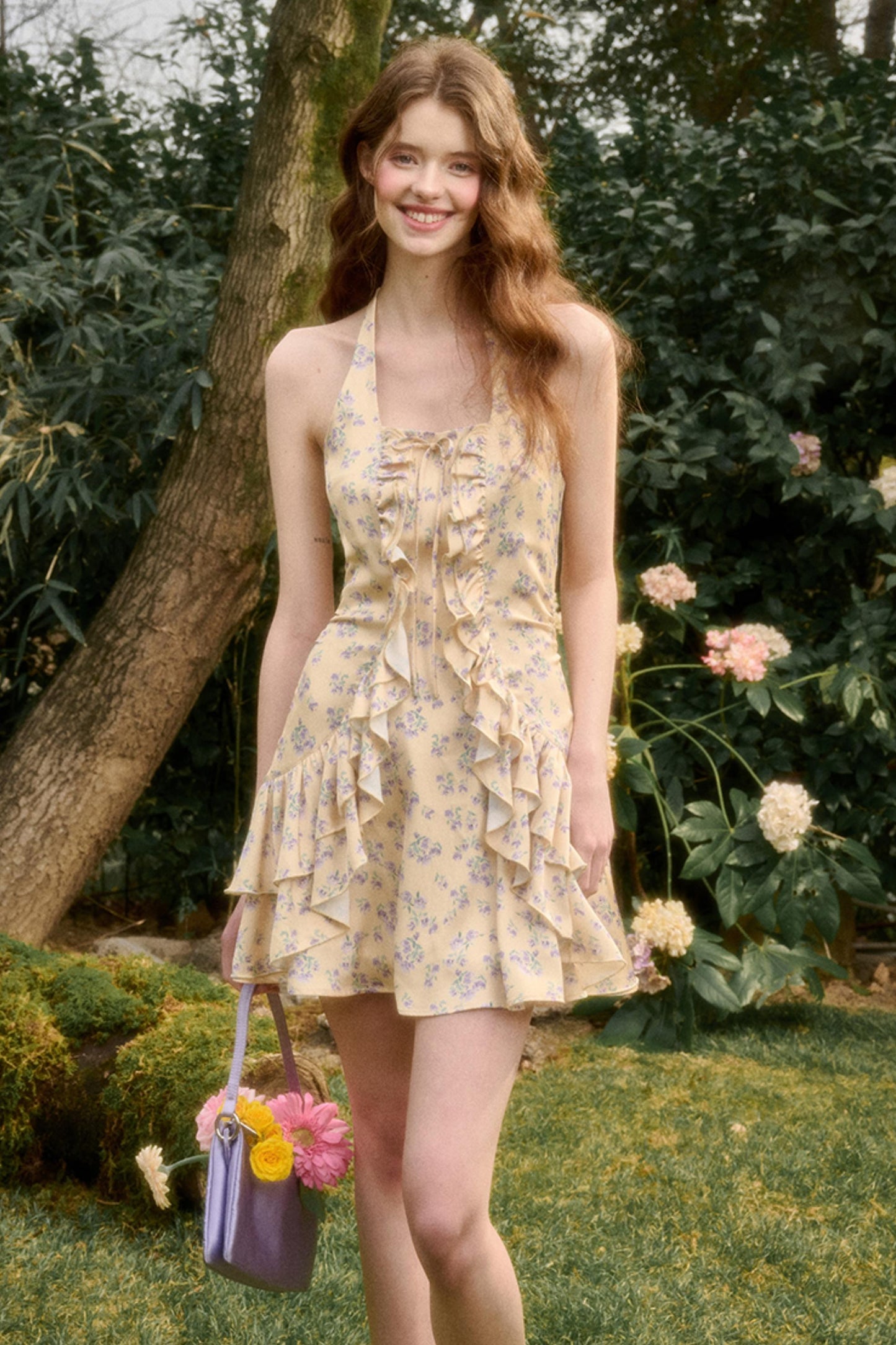 Lemon Sea & Iris Lace Halter Satin Dress